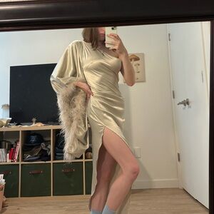 Fashion Nova Cream Asymmetrical Sheath Dress with Slit